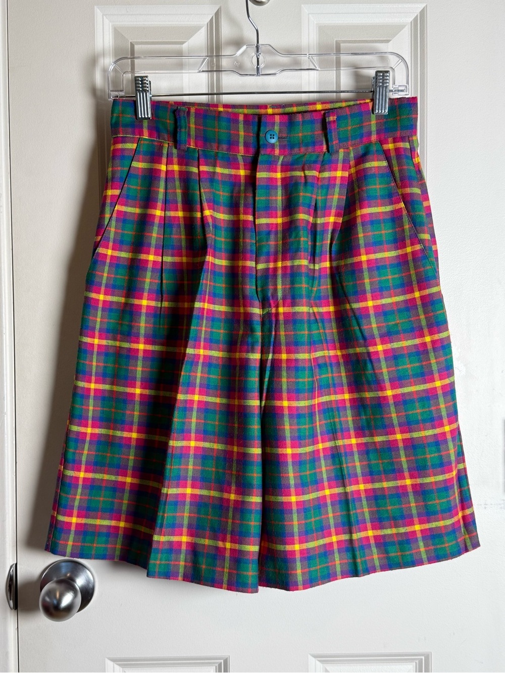 Vintage Plaid Bermuda Shorts in Green, Pink and Yellow